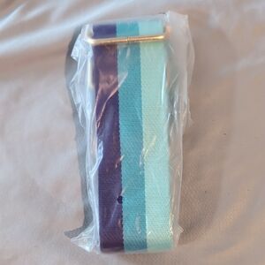 Pom Pom London Adjustable Fabric Strap. Blue Teal Purple Stripe Gold Hardware